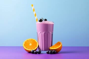 Fruit smoothie on purple copy space background