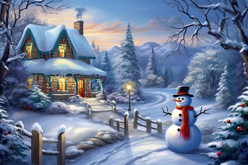 Illustration of Christmas theme with a house surrounded by beautiful nature and covered with snow. Generative ai