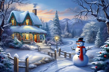 Fototapeta premium Illustration of Christmas theme with a house surrounded by beautiful nature and covered with snow. Generative ai