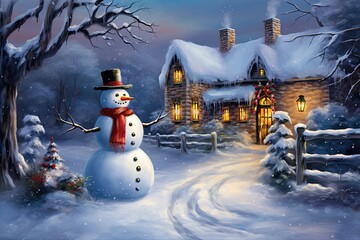 Obraz premium Illustration of Christmas theme with a house surrounded by beautiful nature and covered with snow. Generative ai