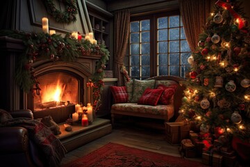 Generative ai of Cozy living room with a chimney warms the house during Christmas.