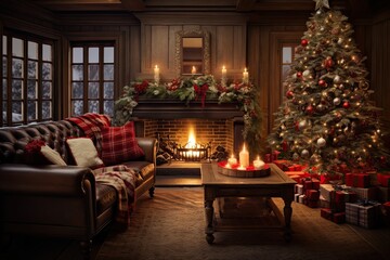 Fototapeta na wymiar Generative ai of Cozy living room with a chimney warms the house during Christmas.
