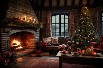 Generative ai of Cozy living room with a chimney warms the house during Christmas.