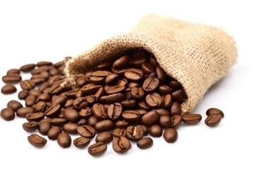 Roasted coffee beans in burlap sack, isolated. Coffee beans in bag, scattered on white background.
