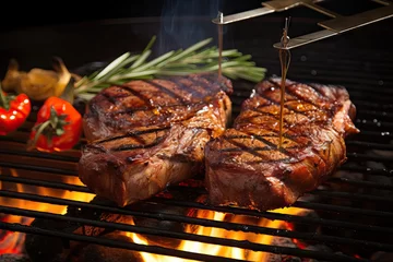 Foto op Aluminium fire grid tenderloin barbecuing cook sirloin barbq charcoal grill steaks food beef beef closeup hot smoke cooking barb closeup grilled barbq dark gas grilling steak flames summer barbecuing he grill © sandra