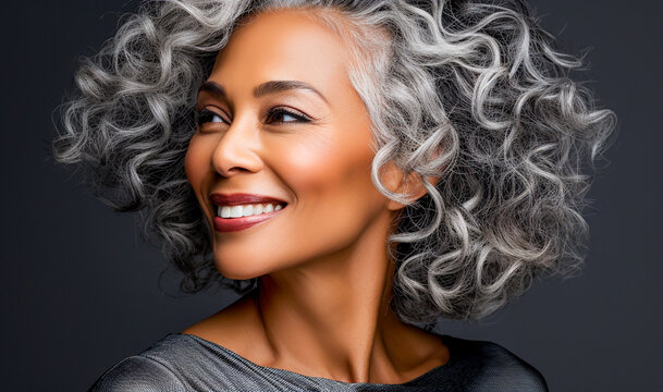 Beautiful black woman with long, curly gray hair. The elegant lady is smiling and looking to the side
