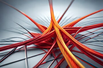 Linking entities. Networking, social media, SNS, internet communication abstract. Small network connected to a larger network. Web of red, orange and yellow wires on white background