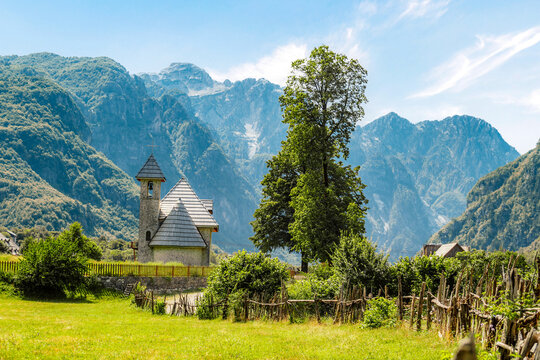 Christian Church in the village of Theth in Prokletije or Acursed Mountains in Theth National Park, Albania