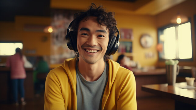 Teenager Student Boy With Headphones Listening Music And Smiling