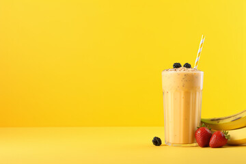 Fruit smoothie on yellow copy space background