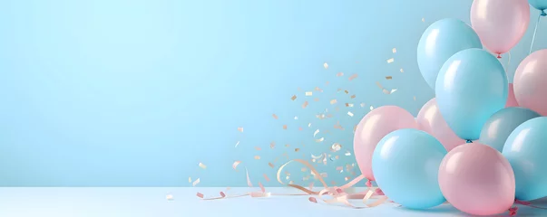 Rolgordijnen Festive sweet pink and blue balloons background banner celebration theme © Orkidia