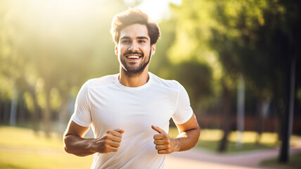 Smile male, running at sunset and health cardio performance and summer. Fitness, exercise and man runner in outdoor cardio workout. Living healthy lifestyle. - obrazy, fototapety, plakaty