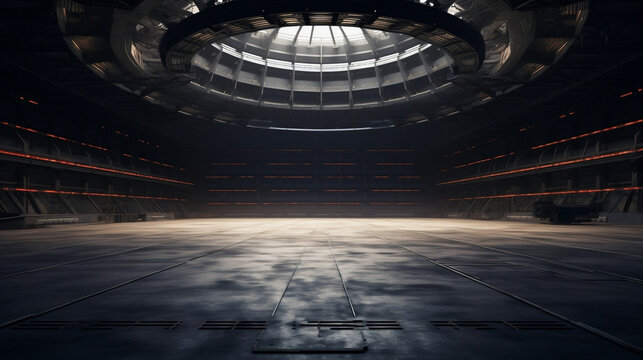 D&eacute;cor hangar futuriste urbain moderne et vide avec spot lumineux led