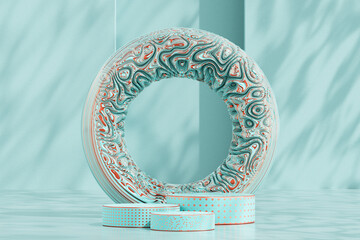 Three round podiums and a deformed torus. Background for product presentation. Light turquoise...