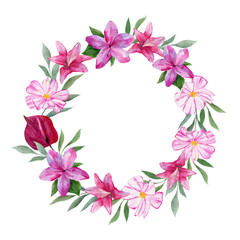 Wreath with pink flowers and leaves painted in watercolor illustration. Floral, seamless background.