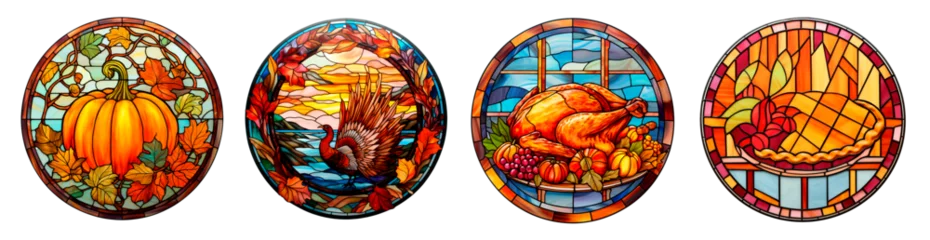 Papier Peint photo autocollant Coloré Set of thanksgiving stained glass art in round shaped over isolated transparent background