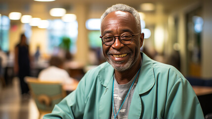 Inspiring elderly man radiates optimism in hospital gown, warm smile to camera, humming healthcare activities hint resilience and compassion in the blurred background.