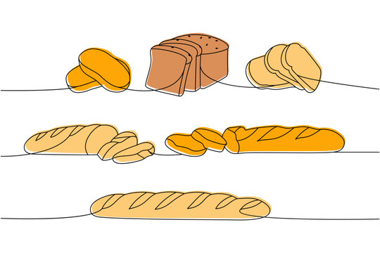 Bakery products one line colored continuous drawing. Whole grain and wheat bread, ciabatta, toast bread, baguette continuous one line illustration.