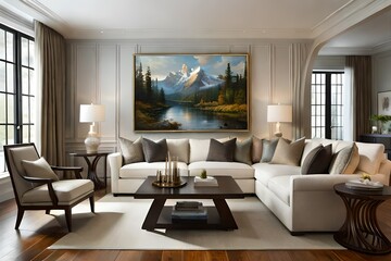 modern living room with full wall scenery , L shap sofa-Generative AI