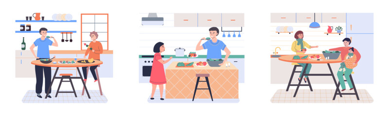 People cooking vegetarian food. Vector illustration. Man and woman with children preparing food for dinner. People cooking. Husband and wife are preparing together. Man and woman in the kitchen