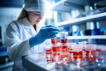 Laboratory assistant testing blood samples, for research on lugworms and experimental use of worm blood in medicine. Advances in health, study and discovery in biology and microbiology.