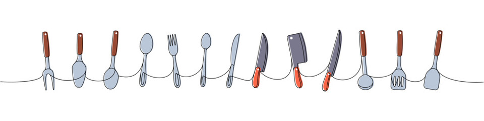 Kitchen utensils one line colored continuous drawing. Kitchen spatula, spoon, knife, fork, wheel pizza cutter, cooking whisk one line illustration.