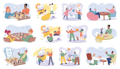 Game together. Family fun. Friendship time. Vector illustration. People playing games together discover new aspects of each other s personalities Family game nights allow everyone to unwind and enjoy