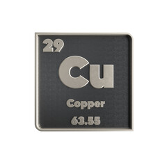 copper chemical element black and metal icon with atomic mass and atomic number. 3d render illustration.