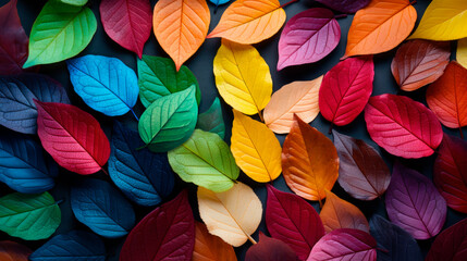 Falling leaves in rainbow colors, flat lay. Autumn background.