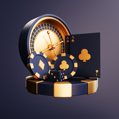 Casino chips and cubes on dark black background - 3d render. Casino roulette set card chips 3d rendering illustration