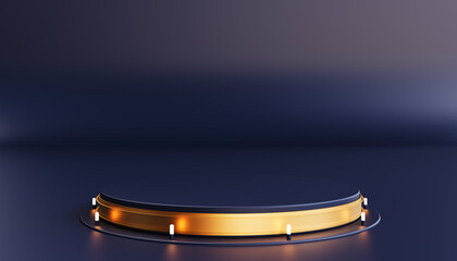 Round podium. Stage, pedestal and 3D platform with golden glitter effect. Advertising, awarding and winning design. Background for display and sale. Realistic presentation layout.