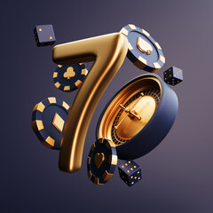Casino mix slot machine roulette dice set card chips. 3d rendering illustration