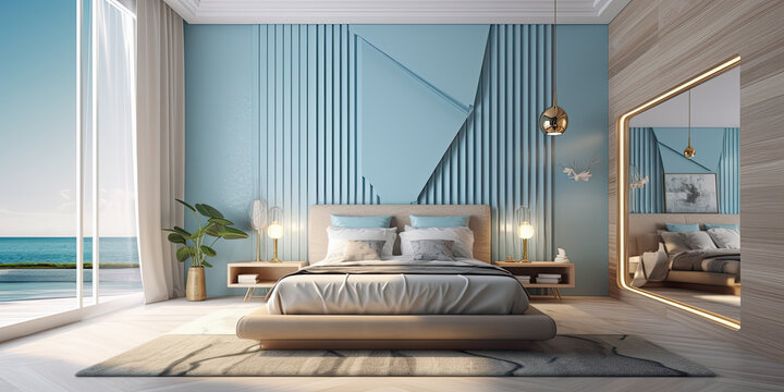 Dormitorio moderno de una casa de playa lujosa de diseño, con paredes turquesa, cama de madera clara, espejo y cristaleras amplias con vistas al mar
