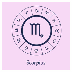 Scorpius sign . Scorpius zodiac sign symbole on pink background horoscope astrology. Astrological calendar. Zodiacal pink vector horoscope. Line (Woman, Woman, female, girl, baby girl