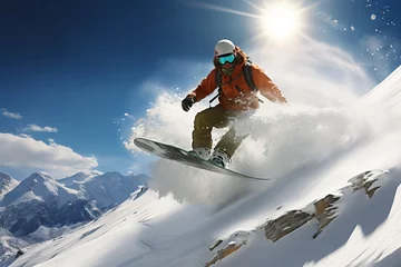 Fotobehang snowboarder dangerous winter fast cold ski downhill air snow jump action snowboarder jump cool blue active guy snowboarding extreme jacket board snowboard mountains man competition freeze lif inhigh © sandra