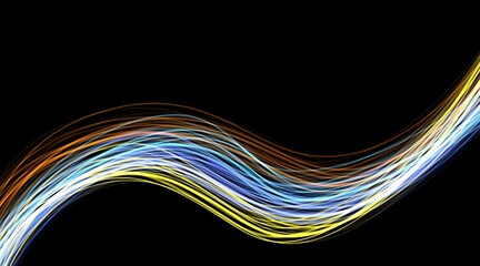 Long exposure photo of neon colors in abstract swirls, pattern of parallel lines on black background.with copy space for design.Bright modern web banner