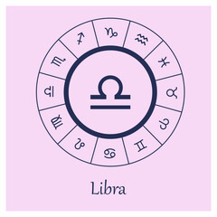 Libra sign. Libra zodiac sign symbole on pink background horoscope astrology. Astrological calendar. Zodiacal pink vector horoscope. Line (Woman, Woman, female, girl, baby girl