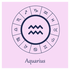 Aquarius sign . Aquarius zodiac sign symbole on pink background horoscope astrology. Astrological calendar. Zodiacal pink vector horoscope. Line (Woman, Woman, female, girl, baby girl
