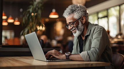 Older black man using his laptop computer at a coffee shop table. Older people and technology. - Powered by Adobe