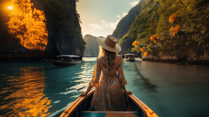 Young woman traveling in a boat in Halong bay, Vietnam.