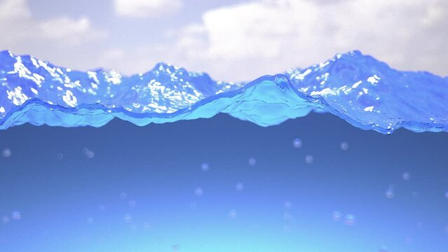 Beautiful clear rippled water surface splash rising. Light blue underwater that fills the screen.
Slow motion close-up from the bottom of sea to the sky. Longitudinal view of the wavy ocean.