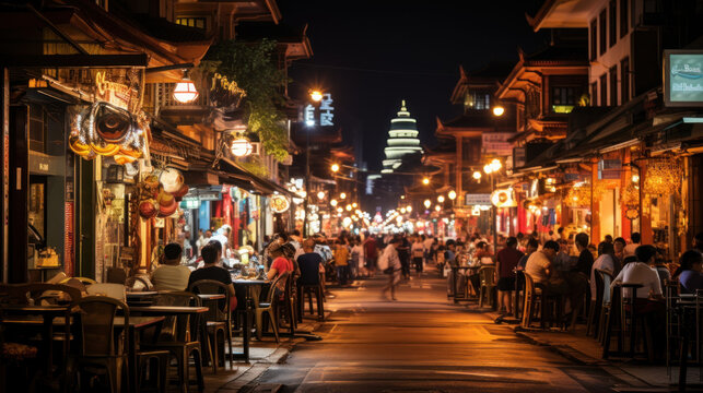 Unidentified people sit in outdoor cafe street Chiang Mai old town at night, Thailand.