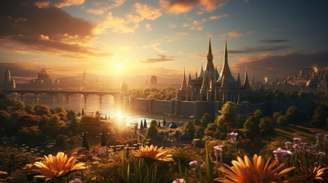 Beautiful fantasy landscape with pagoda at sunset.
