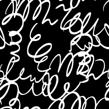 Simple pattern with chaos scribbles drawn by hand. Seamless vector minimalistic pattern on black background. Doodle print