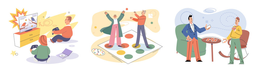 Game together. Family fun. Friendship time. Vector illustration. Board games offer break from technology and encourage face-to-face interaction Playing games with friends strengthens bond and creates