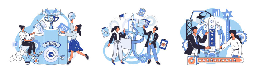 Team solving complex problems. Teamwork vector illustration metaphor. People analyzing business data Business problem solving concept Consulting, marketing idea Communication and contemporary