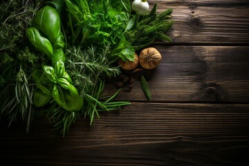 Herbs on the wooden background. Basil, Lavender, Parsley, Mint.