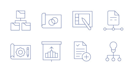 Project icons. editable stroke. Containing file, idea, graphic tablet, new project, project, projection, settings, use case.