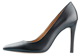Single black leather high heeled women shoe or Stiletto isolated on transparent background - 640738530