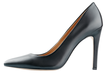 Single black leather high heeled women shoe or Stiletto isolated on transparent background